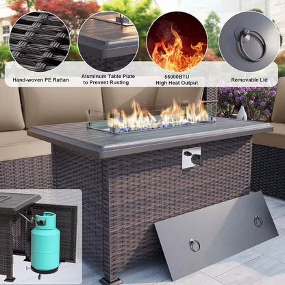 11-Piece Wicker Patio Conversation Set with Fire Pit Table, Glass Coffee Table, Swivel Rocking Chairs and Cushion Sand