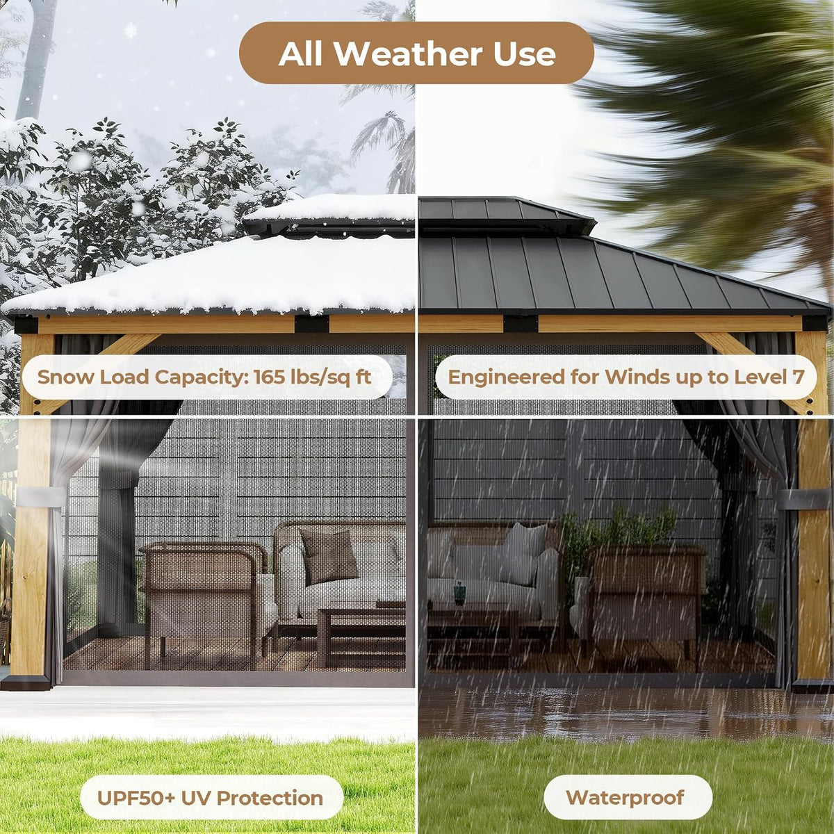 12' X 16' Wood Gazebo Hardtop Outdoor Permanent Pavilion with Double Galvanized Steel Roof, Curtains and Netting, Snow Support, Wind Resistance, for Backyard Garden, Lawns, Patio