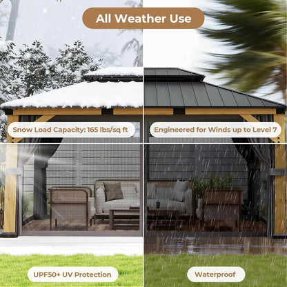 12' X 16' Wood Gazebo Hardtop Outdoor Permanent Pavilion with Double Galvanized Steel Roof, Curtains and Netting, Snow Support, Wind Resistance, for Backyard Garden, Lawns, Patio
