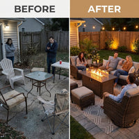 9-Piece Outdoor Patio Furniture Set with Fire Pit Table,Swivel Chairs and 6" Thick Cushions,Sectional Sofa and Ottomans,Patio Conversation Set for Porch Deck Garden Backyard — Before & After