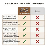 9-Piece Outdoor Patio Furniture Set with Fire Pit Table,Swivel Chairs and 6" Thick Cushions,Sectional Sofa and Ottomans,Patio Conversation Set for Porch Deck Garden Backyard — Comparison