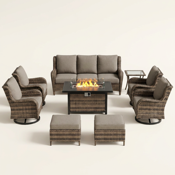 9-Piece Outdoor Patio Furniture Set with Fire Pit Table,Swivel Chairs and 6" Thick Cushions,Sectional Sofa and Ottomans,Patio Conversation Set for Porch Deck Garden Backyard — Studio Shot