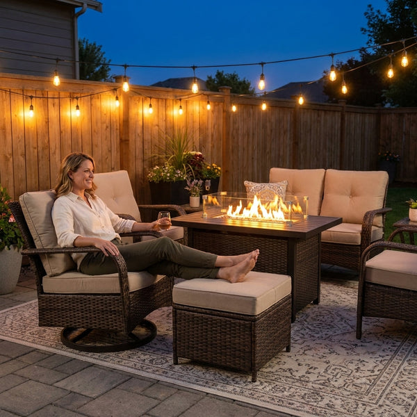 Outdoor Patio Furniture Set Built for All-Weather Gathering, Fire Pit Table, Swivel Chairs, 6-Inch Cushions