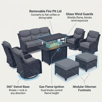 9-Piece Outdoor Patio Furniture Set with Fire Pit Table,Swivel Chairs and 6" Thick Cushions,Sectional Sofa and Ottomans,Patio Conversation Set for Porch Deck Garden Backyard — How It Works