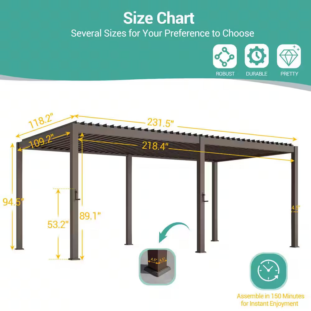 Titan Series 10 Ft. X 20 Ft. Luminized Steel Louvered Pergola Modern Outdoor Pergola with Adjustable Roof,Brown