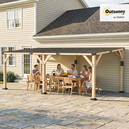 10' X 20' Wooden Gazebo Hardtop Lean-To for Patio Light Walnut