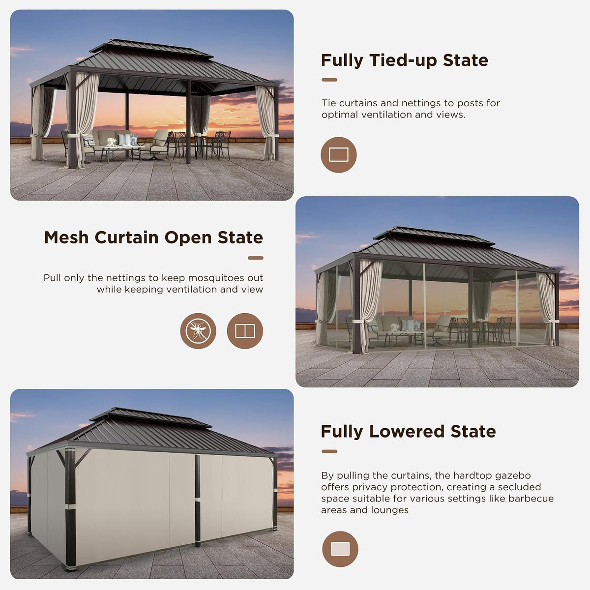 12X20 Ft Hardtop Gazebo Metal Frame with Netting and Curtains