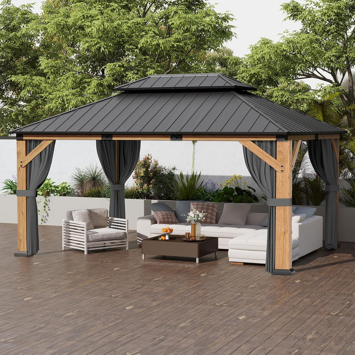 12' X 16' Wood Gazebo Hardtop Outdoor Permanent Pavilion with Double Galvanized Steel Roof, Curtains and Netting, Snow Support, Wind Resistance, for Backyard Garden, Lawns, Patio