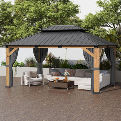 12' X 16' Wood Gazebo Hardtop Outdoor Permanent Pavilion with Double Galvanized Steel Roof, Curtains and Netting, Snow Support, Wind Resistance, for Backyard Garden, Lawns, Patio