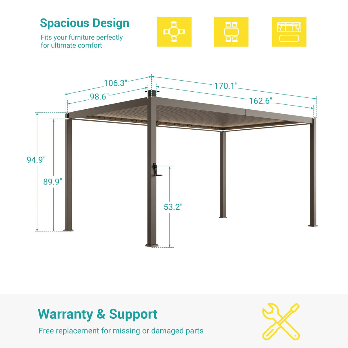 Outdoor Metal Solar LED Louvered Pergola with Adjustable Roof