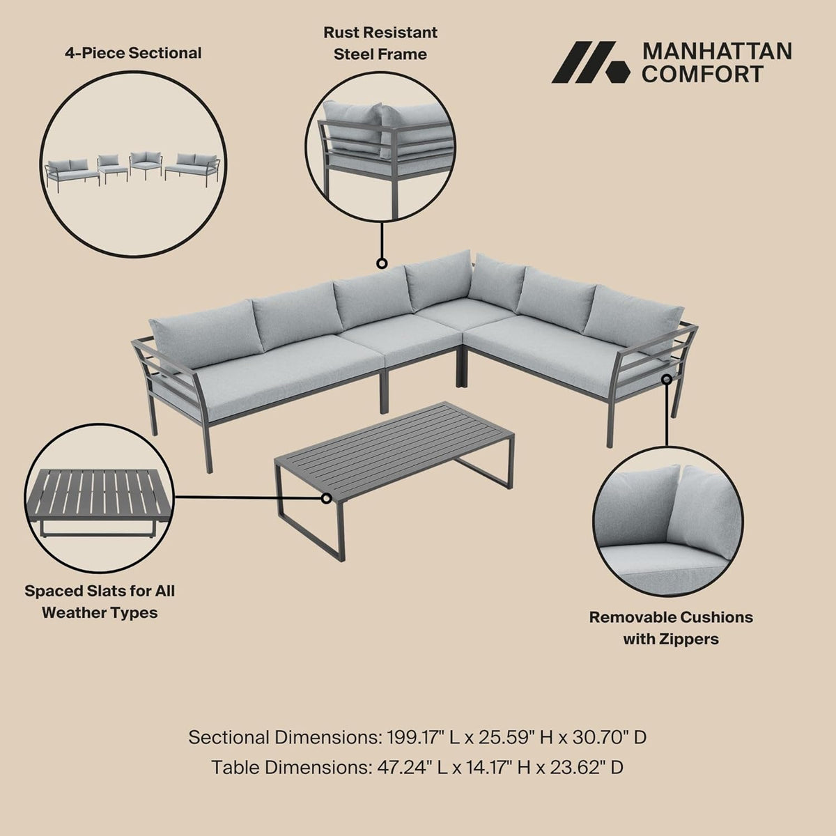 Sunnyside 5 Piece L Shaped Patio Furniture Set with Table for Backyard and Poolside, Outdoor Sectional Seating for 6, Waterproof Cushions, Rust Resistant Steel Frame, Grey