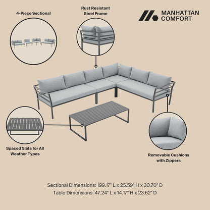 Sunnyside 5 Piece L Shaped Patio Furniture Set with Table for Backyard and Poolside, Outdoor Sectional Seating for 6, Waterproof Cushions, Rust Resistant Steel Frame, Grey