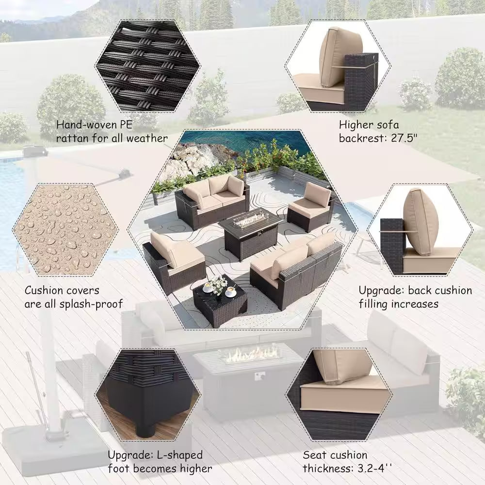 11-Piece Wicker Patio Conversation Set with Fire Pit Table, Glass Coffee Table, Swivel Rocking Chairs and Cushion Sand