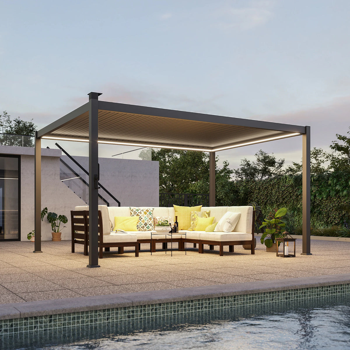 Outdoor Metal Solar LED Louvered Pergola with Adjustable Roof