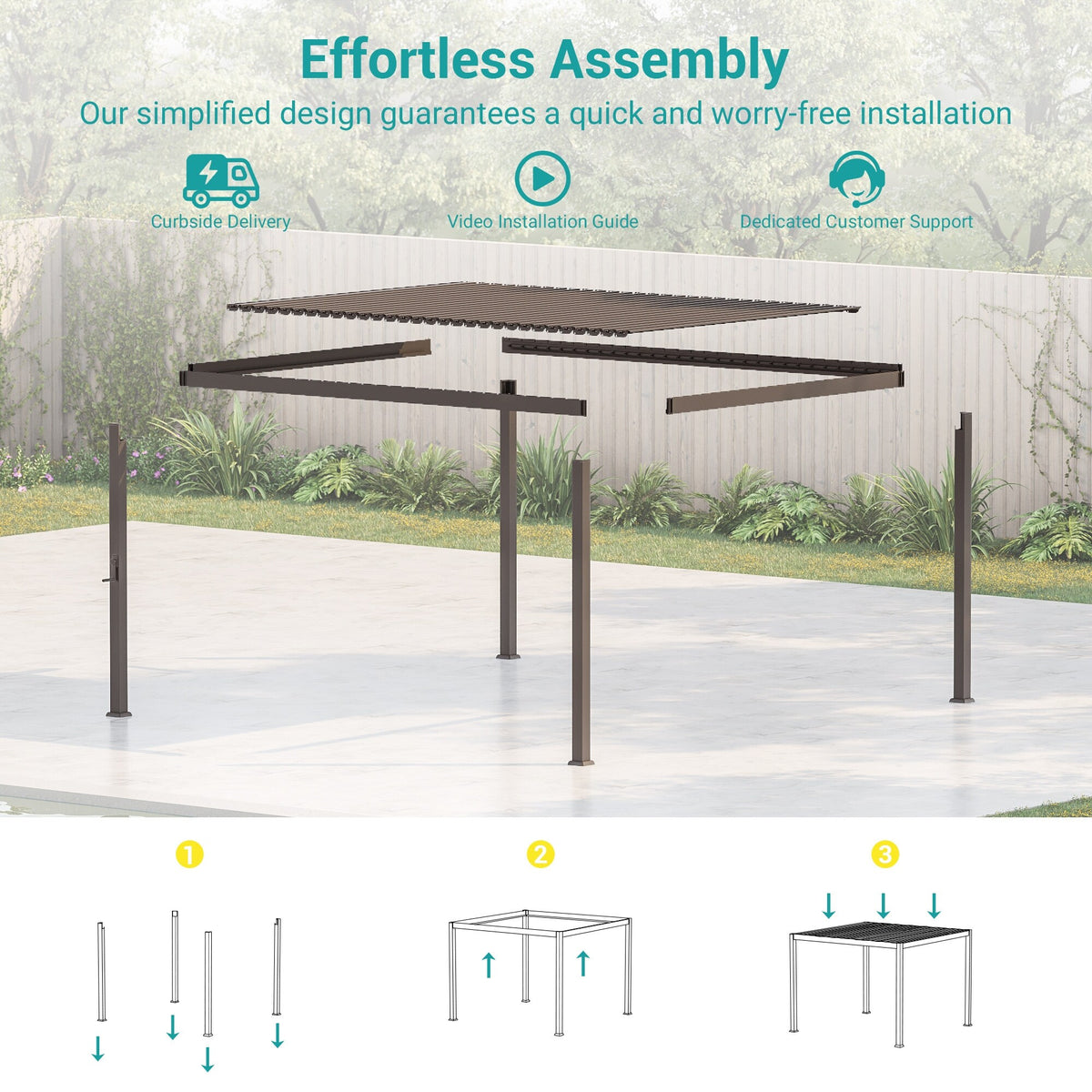 Outdoor Metal Solar LED Louvered Pergola with Adjustable Roof