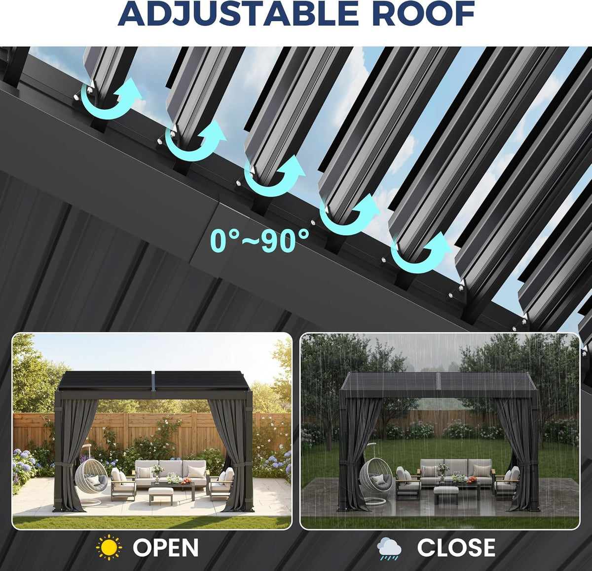 Pergola 10'X12' with Thick Aluminum Frame, Adjustable Roof for All Weather