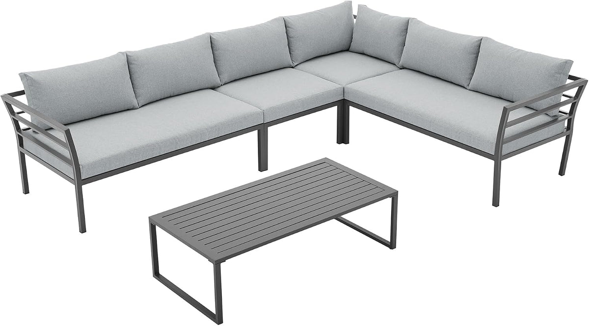 Sunnyside 5 Piece L Shaped Patio Furniture Set with Table for Backyard and Poolside, Outdoor Sectional Seating for 6, Waterproof Cushions, Rust Resistant Steel Frame, Grey