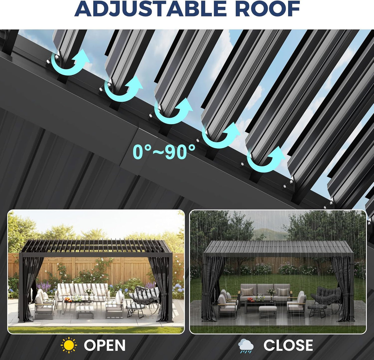 Pergola 12'X16' with Thick Aluminum Frame, Adjustable Roof for All Weather