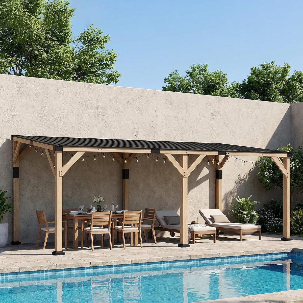 10' X 20' Wooden Gazebo Hardtop Lean-To for Patio Light Walnut