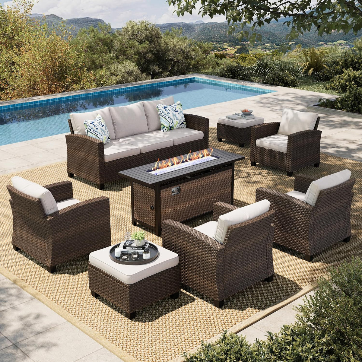 Patio Furniture Set, Outdoor Wicker Furniture with Fire Pit
