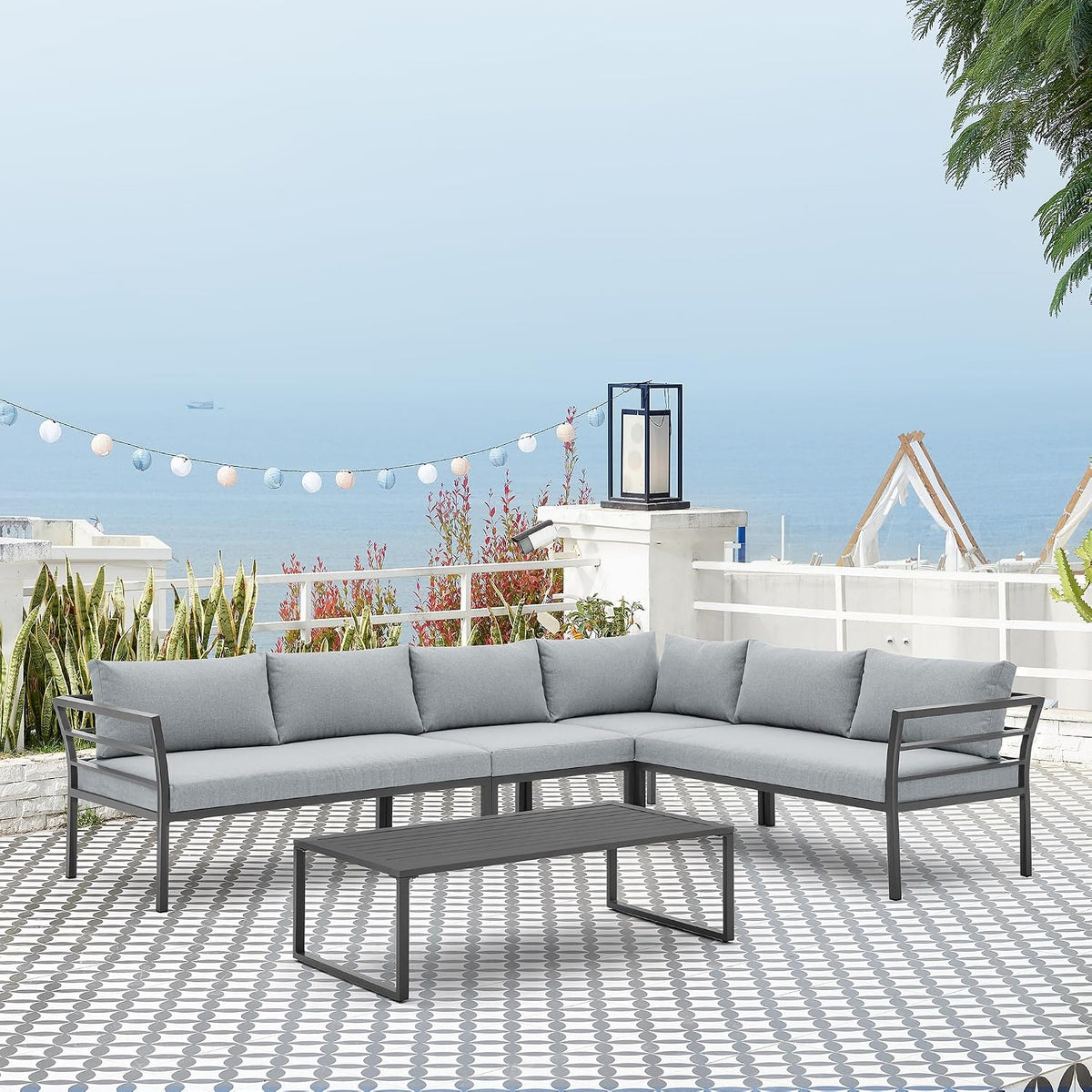 Sunnyside 5 Piece L Shaped Patio Furniture Set with Table for Backyard and Poolside, Outdoor Sectional Seating for 6, Waterproof Cushions, Rust Resistant Steel Frame, Grey