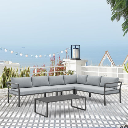Sunnyside 5 Piece L Shaped Patio Furniture Set with Table for Backyard and Poolside, Outdoor Sectional Seating for 6, Waterproof Cushions, Rust Resistant Steel Frame, Grey