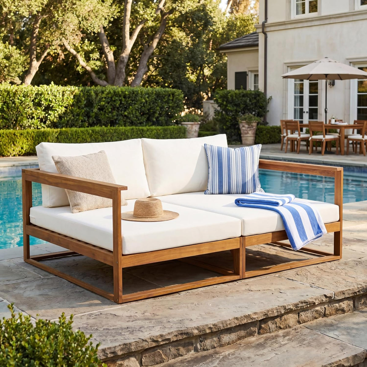 Acacia Wood Outdoor Daybed Patio Sofa, Double Outdoor Lounge Chairs Patio Sofa with Cushions & Armrest, Patio Lounger Outdoor Couch for Backyard Pool Deck, 600 Lbs, Beige+Teak