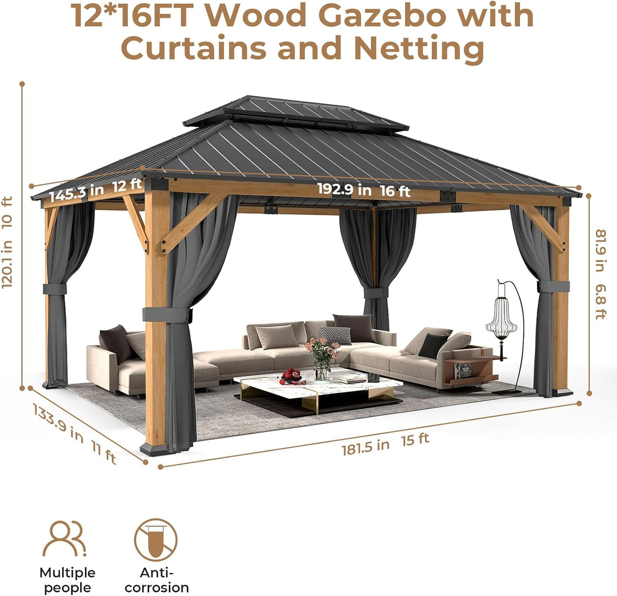 12' X 16' Wood Gazebo Hardtop Outdoor Permanent Pavilion with Double Galvanized Steel Roof, Curtains and Netting, Snow Support, Wind Resistance, for Backyard Garden, Lawns, Patio