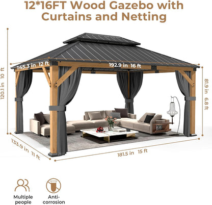 12' X 16' Wood Gazebo Hardtop Outdoor Permanent Pavilion with Double Galvanized Steel Roof, Curtains and Netting, Snow Support, Wind Resistance, for Backyard Garden, Lawns, Patio