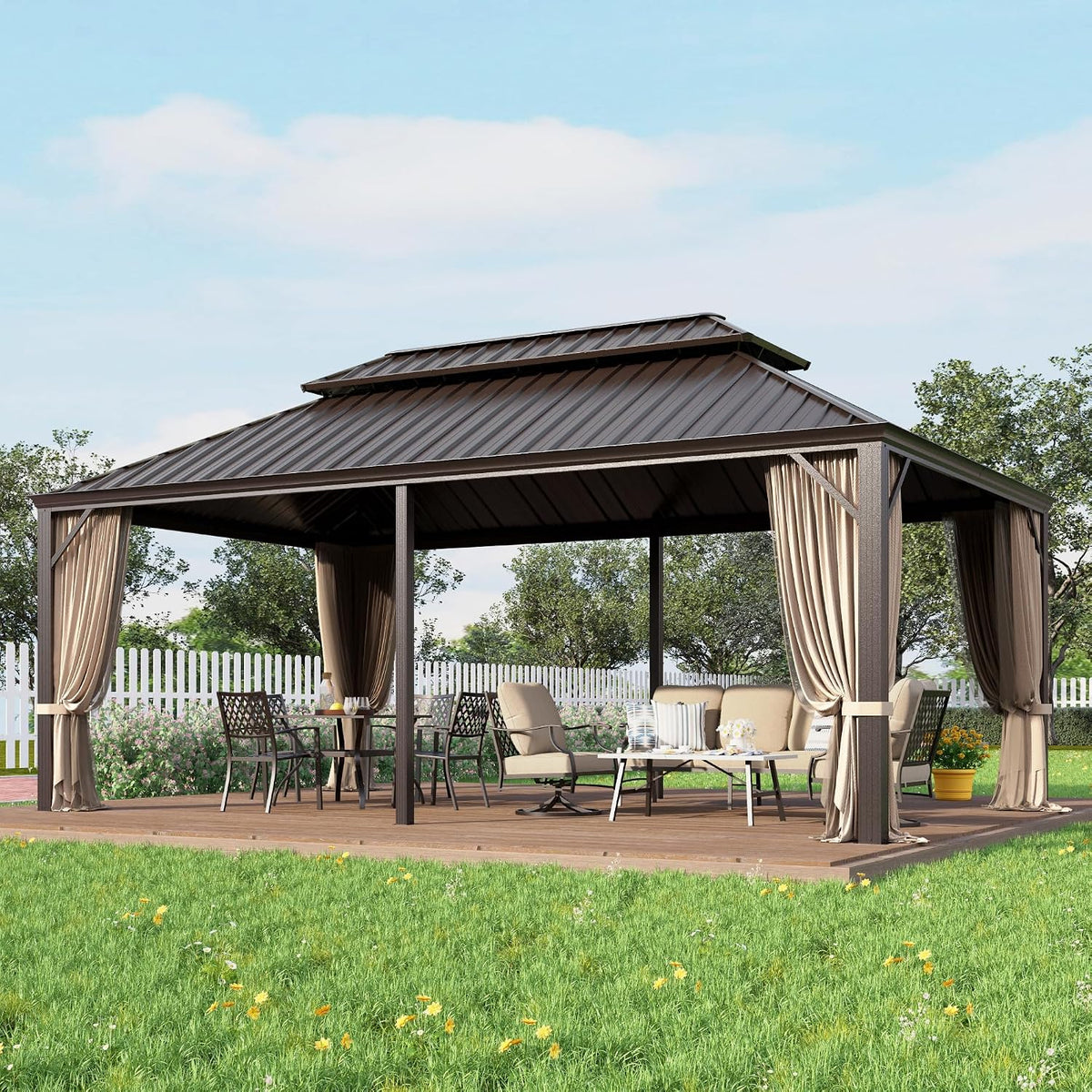 12X20 Ft Hardtop Gazebo Metal Frame with Netting and Curtains