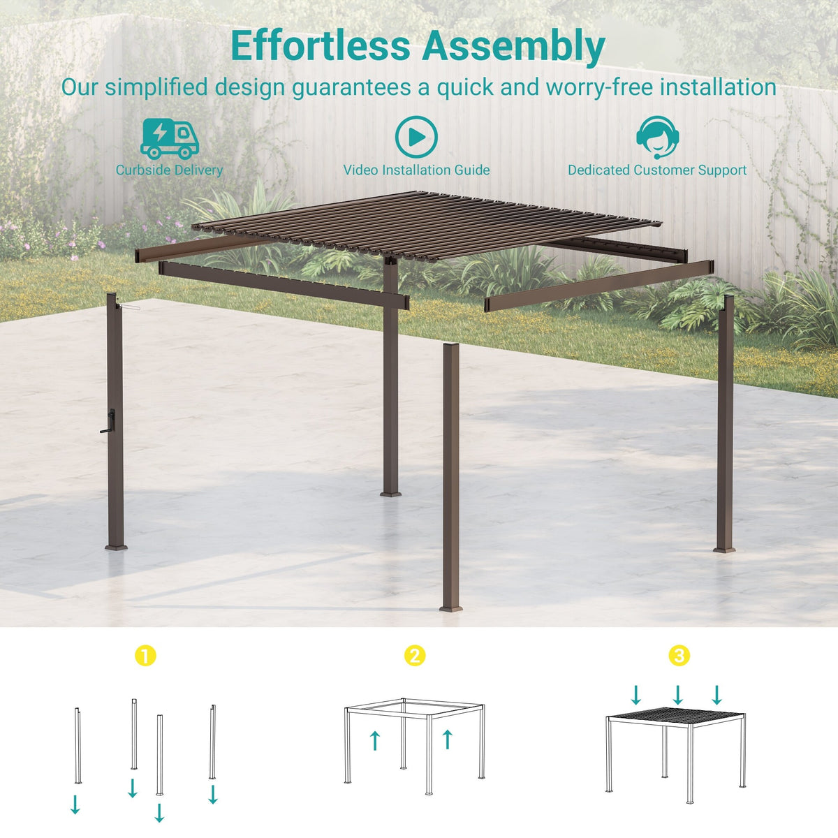 Outdoor Metal Solar LED Louvered Pergola with Adjustable Roof